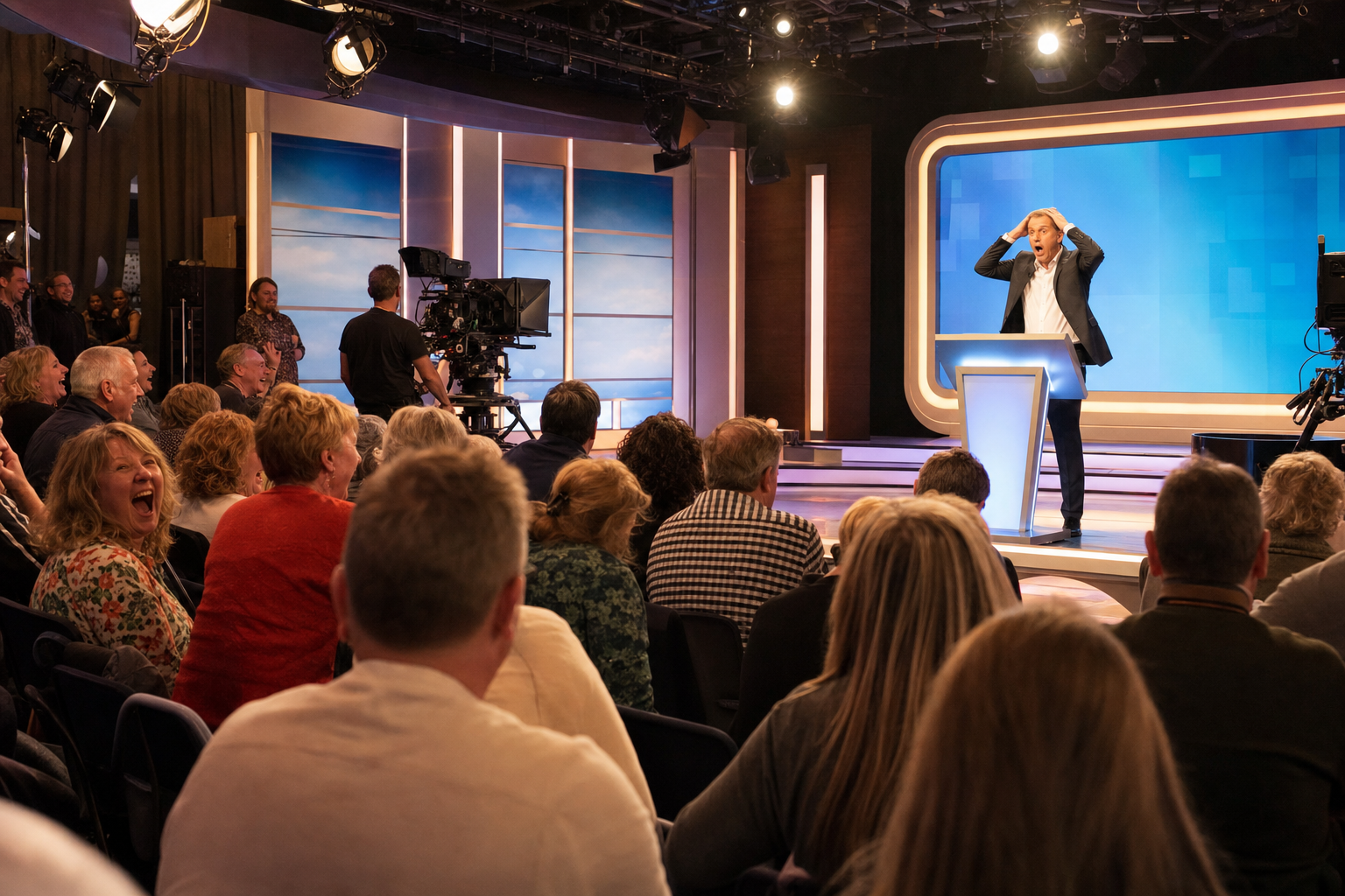 Television studio with live broadcast lights and audience